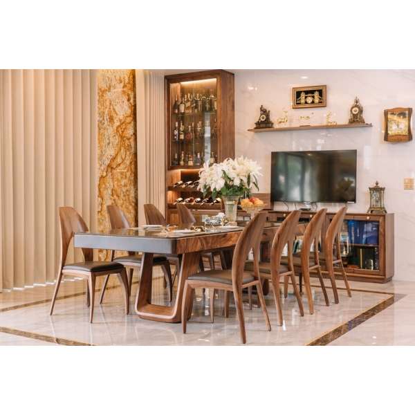 Bàn ăn 8 ghế cao cấp mặt nguyên khối dày 10cm BA010